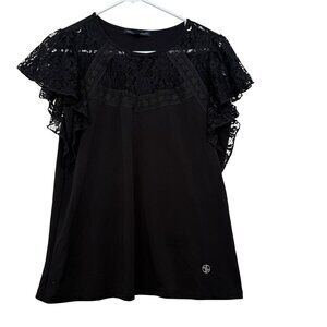 Adrienne Vittadini Black Lace Yoke Top M Flutter Sleeve Whimsigoth Dark Romantic